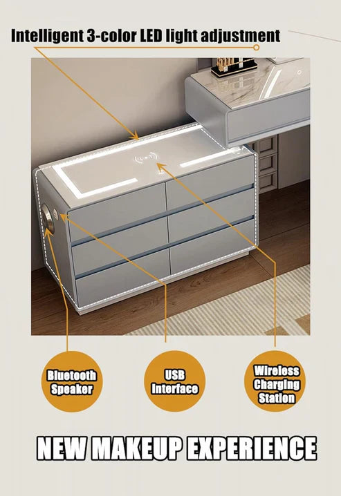 Smart Vanity Table with LED Mirror, Bluetooth Speaker, Wireless Charging - White, Solid Wood-GCC Home Center
