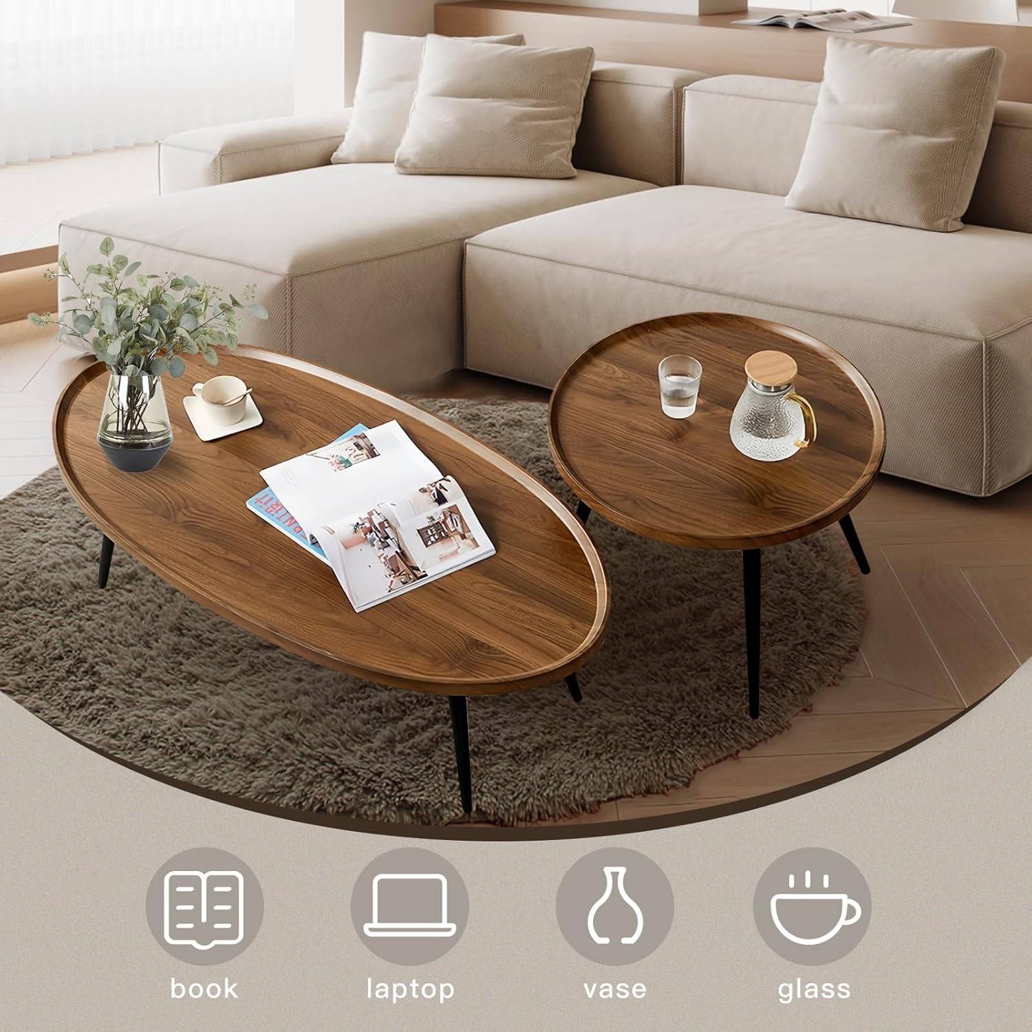 Wooden Oval Coffee Table Rustic Coffee Table Mid-Century Modern Oval Sofa Table Nesting Tables Center Table for Living Room Bedroom Office Furniture Easy Assembly (31.5") (001)