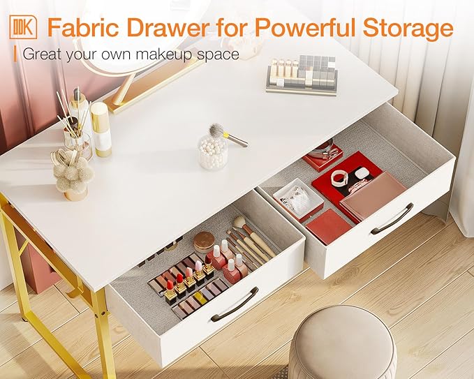 Vanity Desk Without Mirror, Makeup Vanity with 2 Fabric Drawers, White With Gold Legs-GCC Home Center