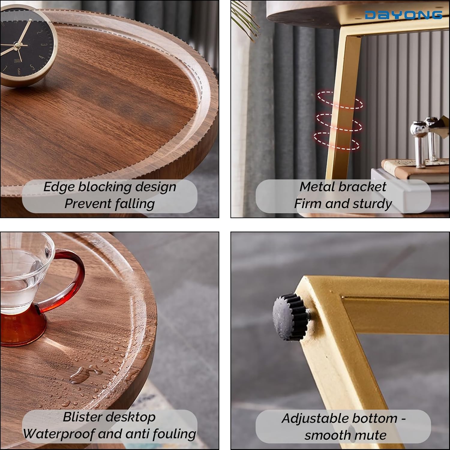 DAYONG 3-Tier End Table, Sofa Side Table, Movable Nightstand, Modern Corner Table, Tea Cabinet for Living Room, Bedroom, Office & Balcony, Easy to Assemble (Gold Frame)