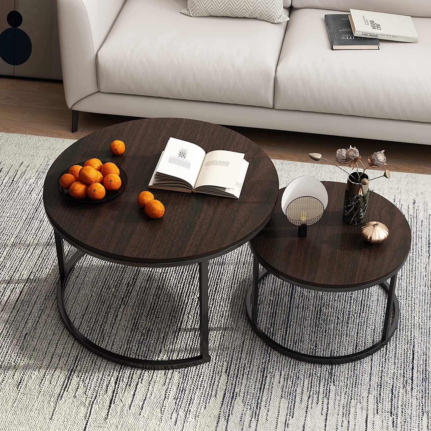 Set of 2 Round Coffee Table with Solid Wood Grain Top and Metal Farm - Rustic Brown & Black Walnut-GCC Home Center