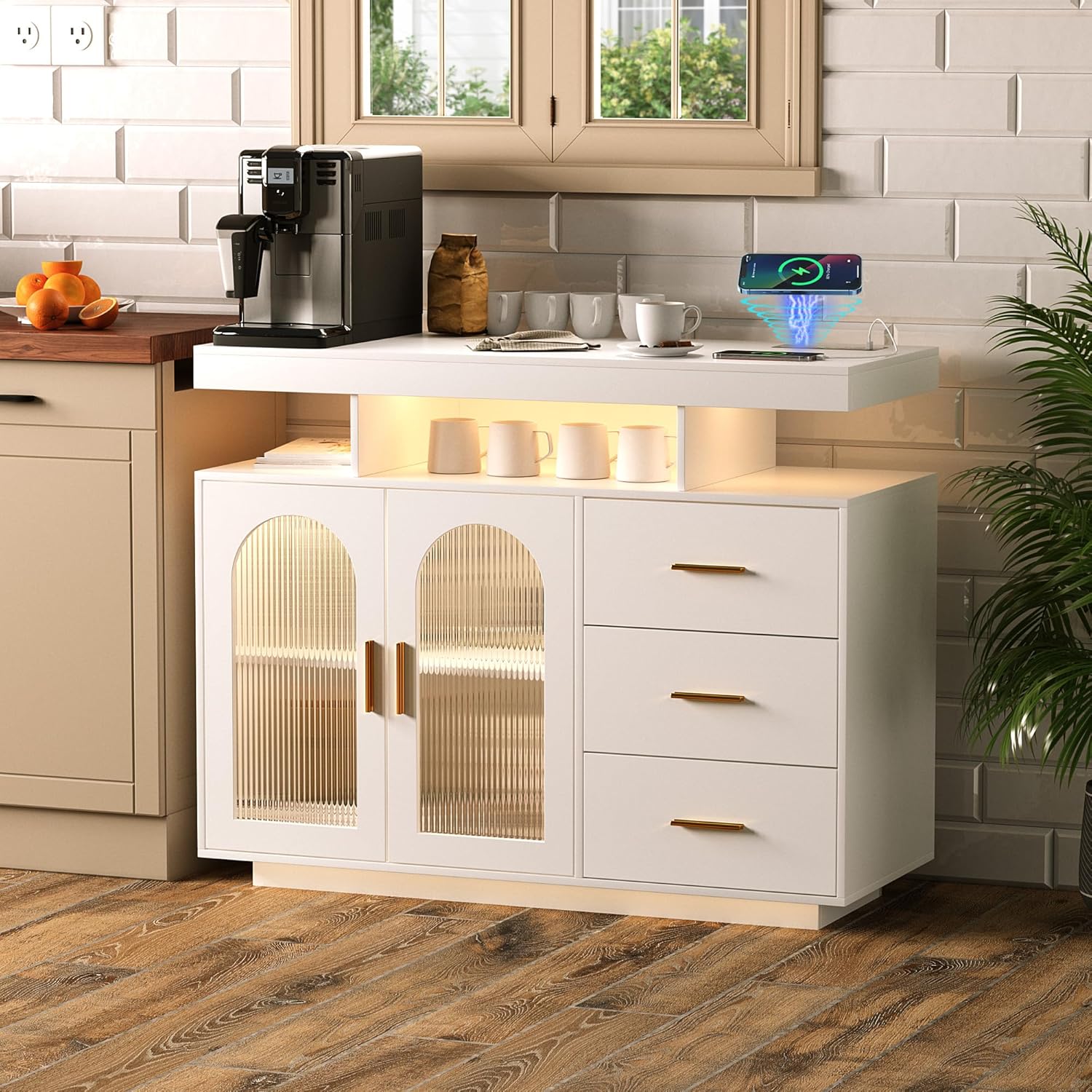 Sideboard Buffet Cabinet with Storage, LED Lights & Charging Station (100 x 40 x 80 cm)