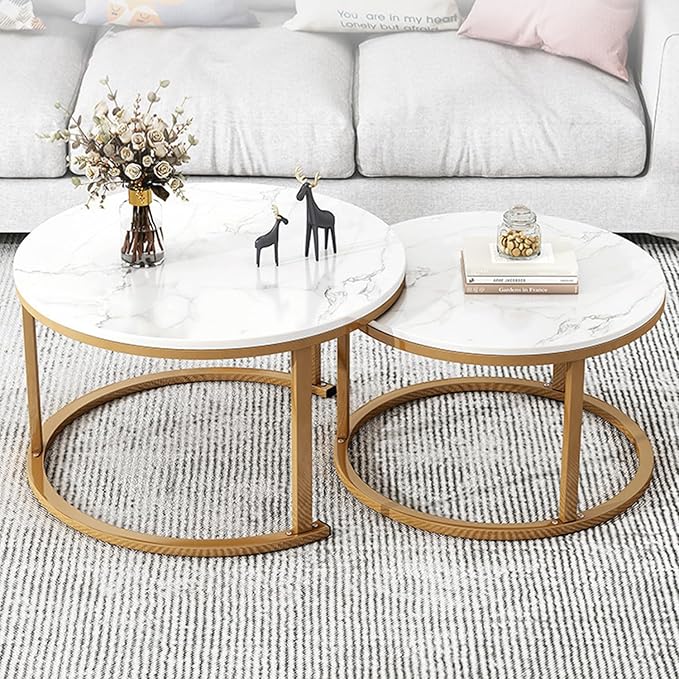 Round Nesting Coffee Table Set of 2 For Living Room - Gold & White-GCC Home Center