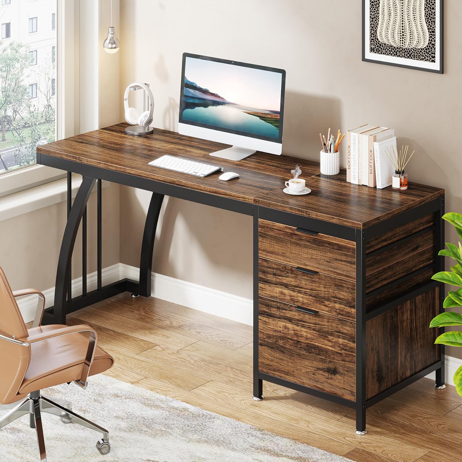 Tribesigns Computer Desk with 3 Drawers, 59-Inch PC Desk with Reversible Drawers, Industrial Study Writing Table Workstation with File Storage for Home Office, Rustic Brown-GCC Home Center