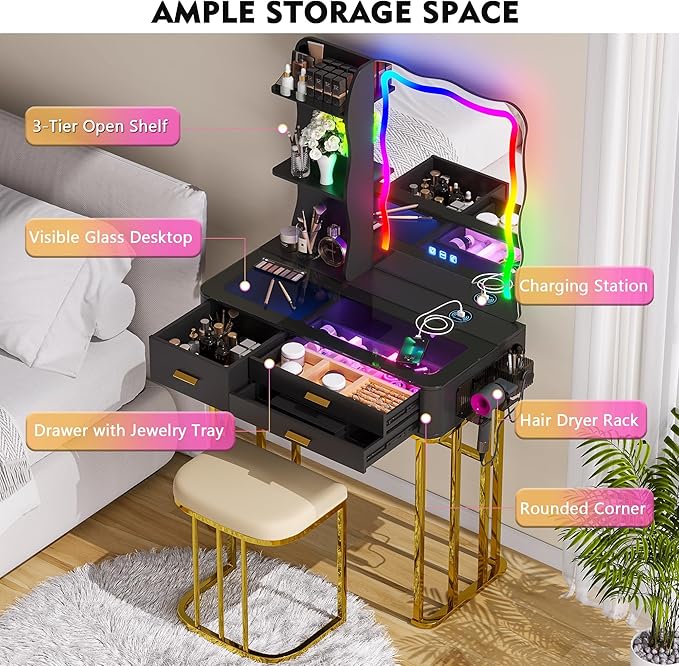 Makeup Vanity Table with Mirror and Lights- Vanity Desk with Glass Top Design & Charging Station-GCC Home Center
