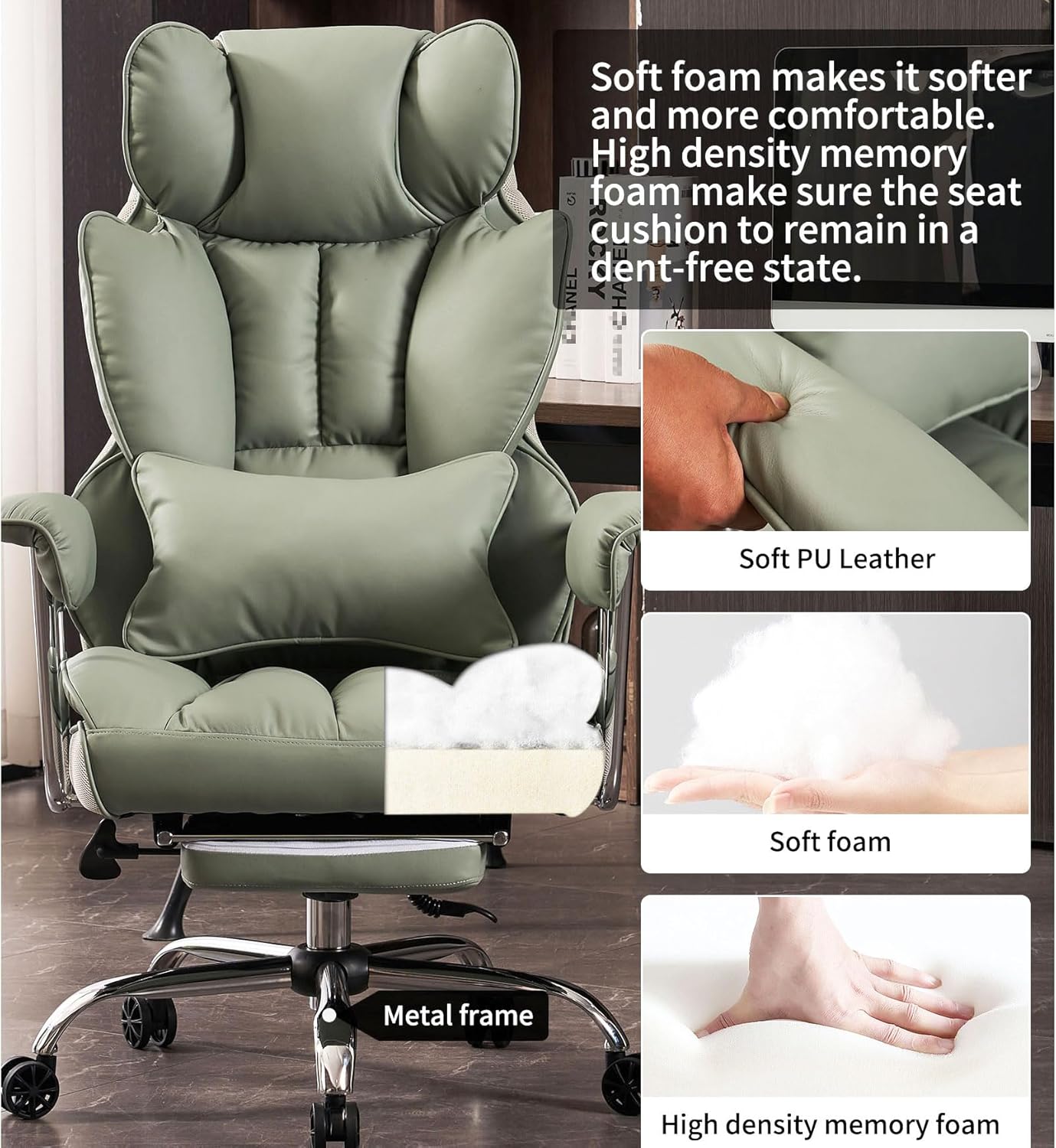 Efomao Big and Tall Office Chair 400lbs – PU Leather Executive Desk Chair with Lumbar Support & Leg Rest, Heavy-Duty Computer Chairs for Home Office, Green