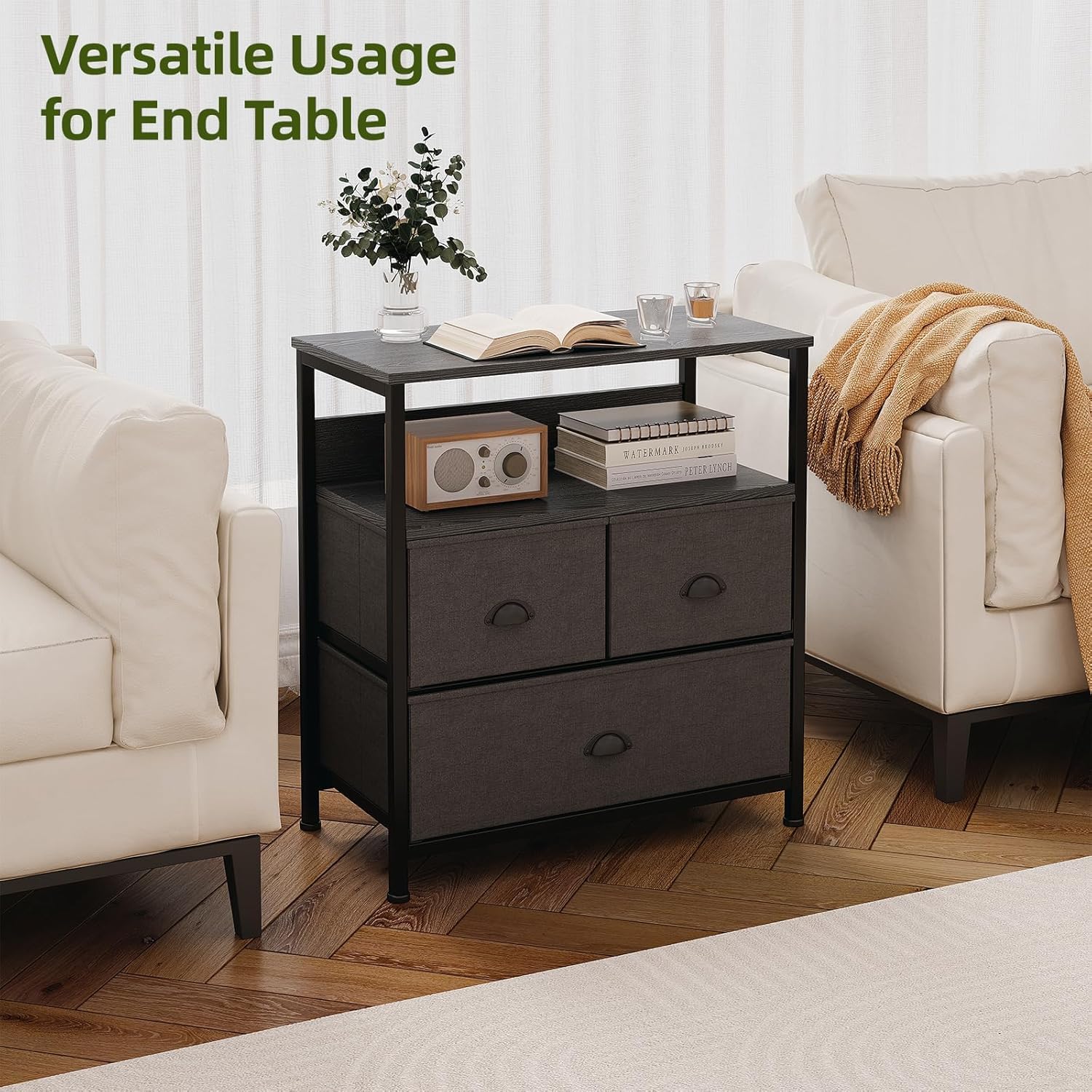 SKY-TOUCH 3 Fabric Drawer Nightstand Storage Chest Unit Home Cabinet w/Shelves Home Living Room Bedroom Entryway Living Furniture, Black,22.8 * 11.4 * 24.8 inch