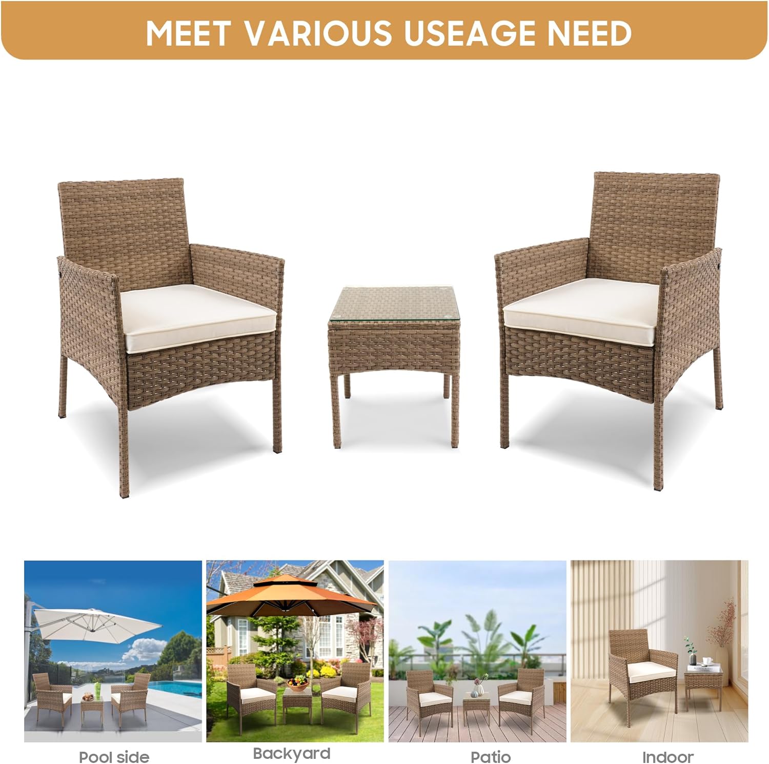 YIYAN 3 Pieces Patio Bistro Set Outdoor Wicker Furniture Outdoor Porch PE Rattan Wicker Chairs Furniture Sets with Sofa Chairs,Glass Coffee Table and White Washable Cushion