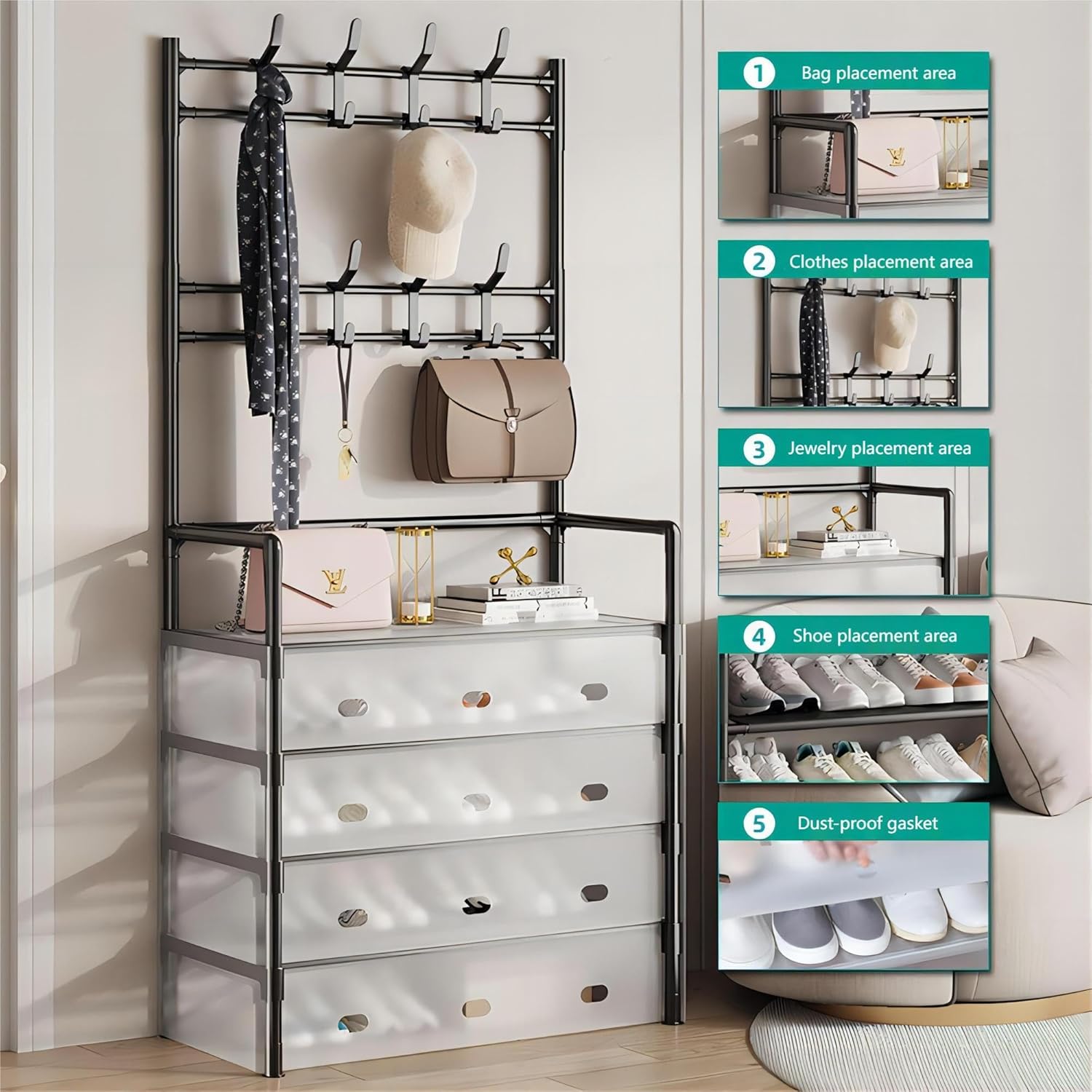 COOLBABY 5-Tier Coat and Shoe Rack with Dust Cover, Multi-Functional Hall Tree Entryway Organizer with 8 Hooks, Sturdy Metal Shoe Storage for Home, Hallway, and Bedroom (Black)