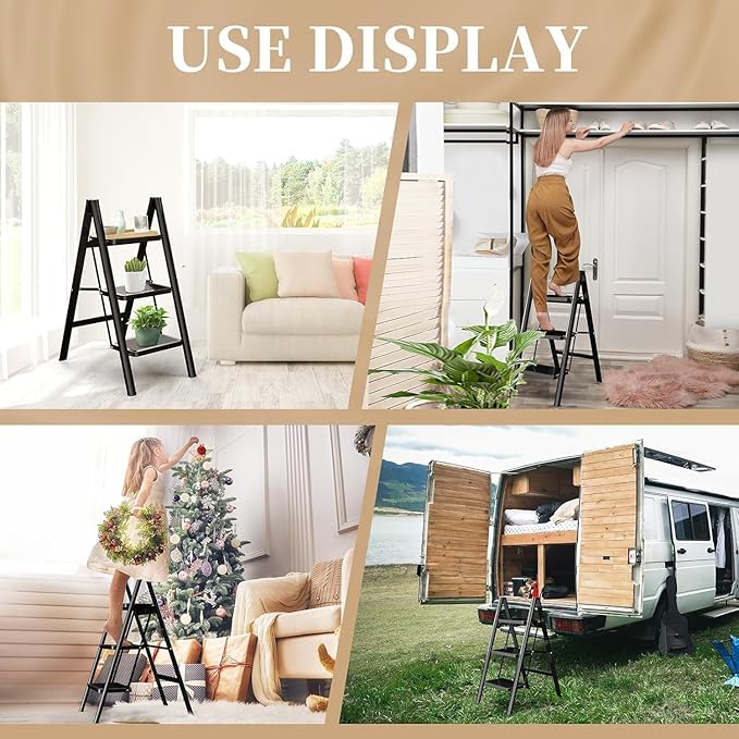 3-Step Folding Ladder – Heavy-Duty Steel, Anti-Slip Pedals, 150kg Load Capacity (Black)