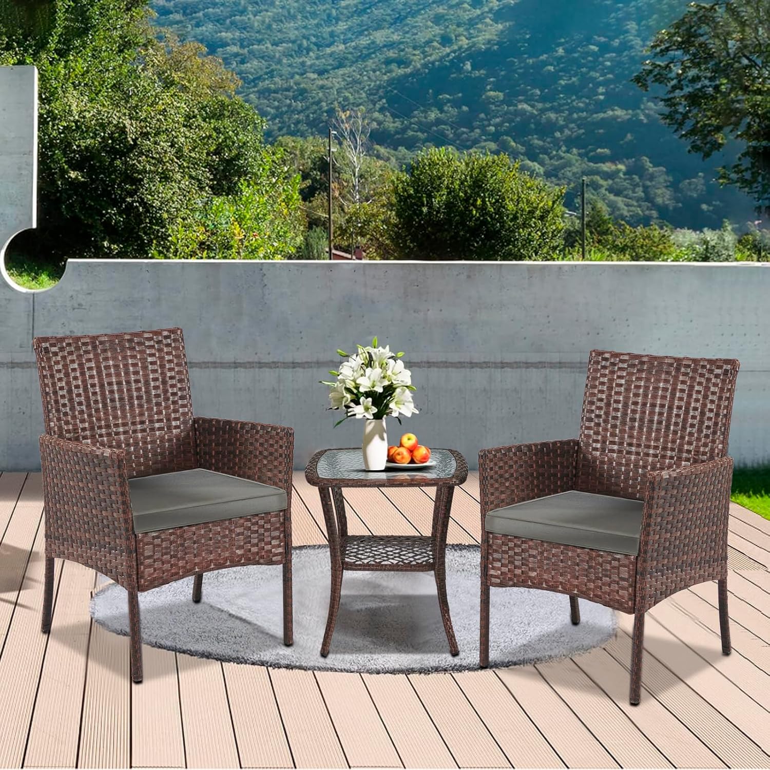 YIYAN Garden Furniture Set 3 Pieces Patio Rattan Wicker Chairs,Patio Porch Outdoor Furniture Set with Chairs, Coffee Table and Washable Cushions (Gray)
