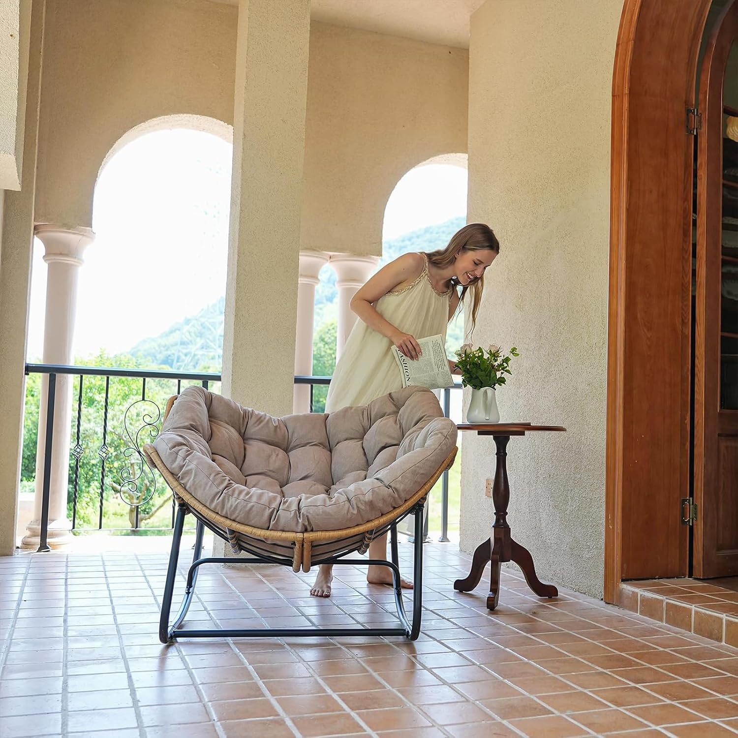 SWITTE Modern Americana Patio Rocking Chair, Rattan Wicker Lounge Chair, Indoor Papasan Chair, Beige - Relaxing, Sleeping, Reading - Ergonomic Design, Durable Alloy Frame-GCC Home Center