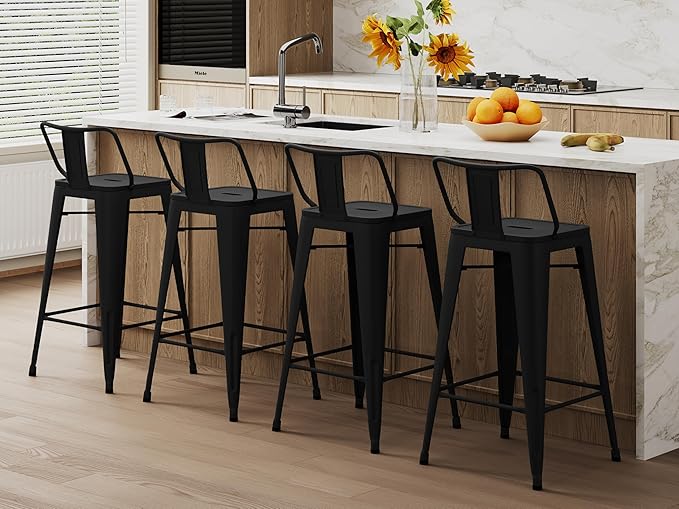 Metal Barstools Set of 4 Industrial Bar Stools with X-brace Support, Matte Black, 30 inch-GCC Home Center