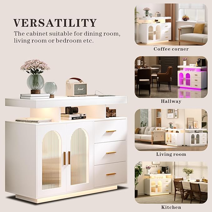 Sideboard Buffet Cabinet with Storage, LED Lights & Charging Station (100 x 40 x 80 cm)