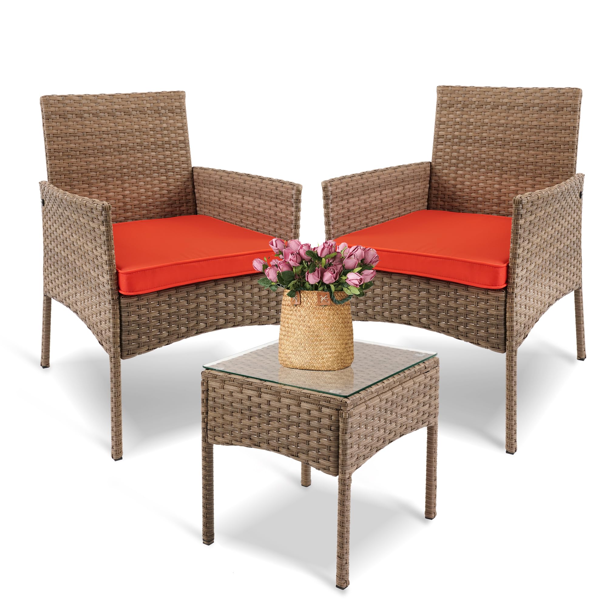 YIYAN 3 Pieces Patio Bistro Set Outdoor Wicker Furniture Outdoor Porch PE Rattan Wicker Chairs Furniture Sets with Sofa Chairs,Glass Coffee Table and White Washable Cushion