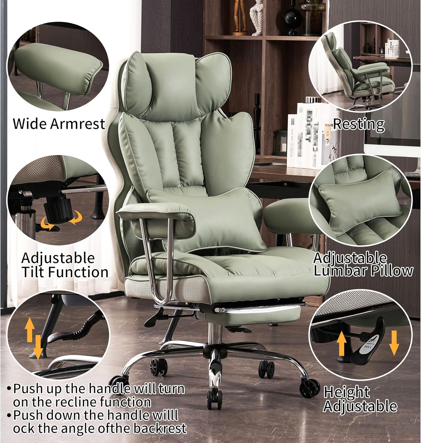 Efomao Big and Tall Office Chair 400lbs – PU Leather Executive Desk Chair with Lumbar Support & Leg Rest, Heavy-Duty Computer Chairs for Home Office, Green