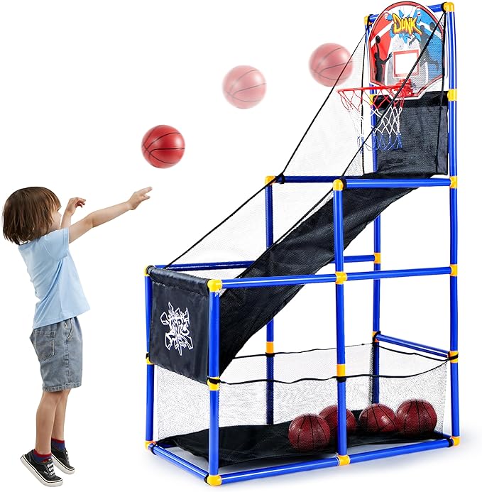 Basketball Game Set with 4 Balls and Hoop for Kids 3 to 12 Years Old Indoor Outdoor Sport Play-GCC Home Center