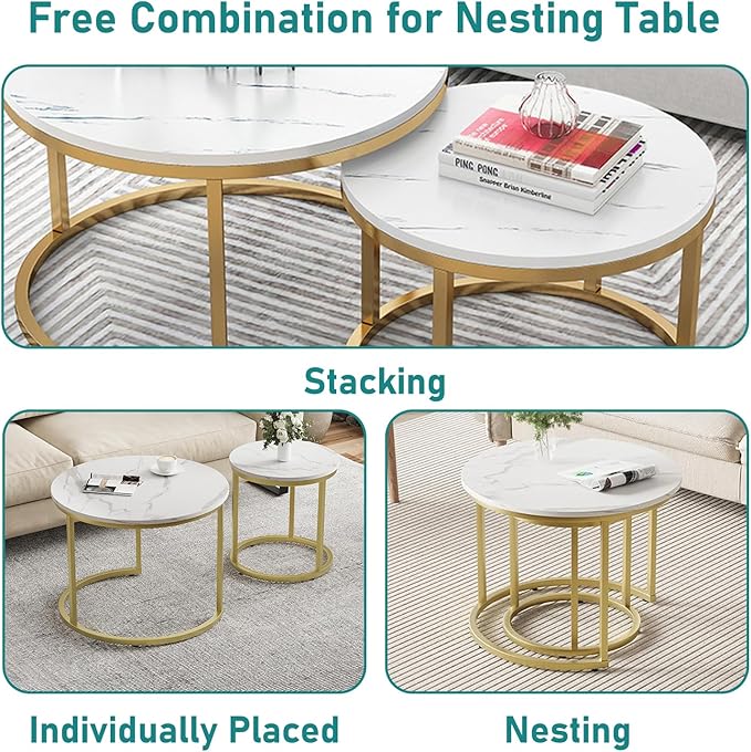 Round Nesting Coffee Table Set of 2 For Living Room - Gold & White-GCC Home Center