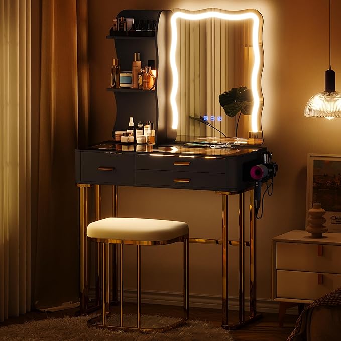 Makeup Vanity Table with Mirror and Lights- Vanity Desk with Glass Top Design & Charging Station-GCC Home Center