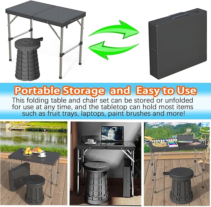 Portable Folding Camping Table and Stool Set (Black, Adjustable Height, 68x40x55cm)