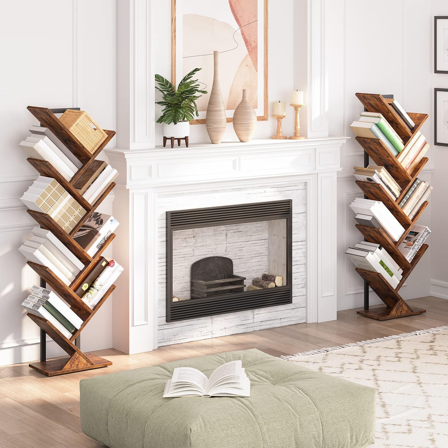 HOOBRO Floor Standing Tree Bookshelf, 9 Tier Tree Bookcase Shelves Wooden, Freestanding Office Bookcase Storage Organizer for Living Room, Bedroom, Tall Wood Bookshelf, Rustic Brown EBF08SJ01G1