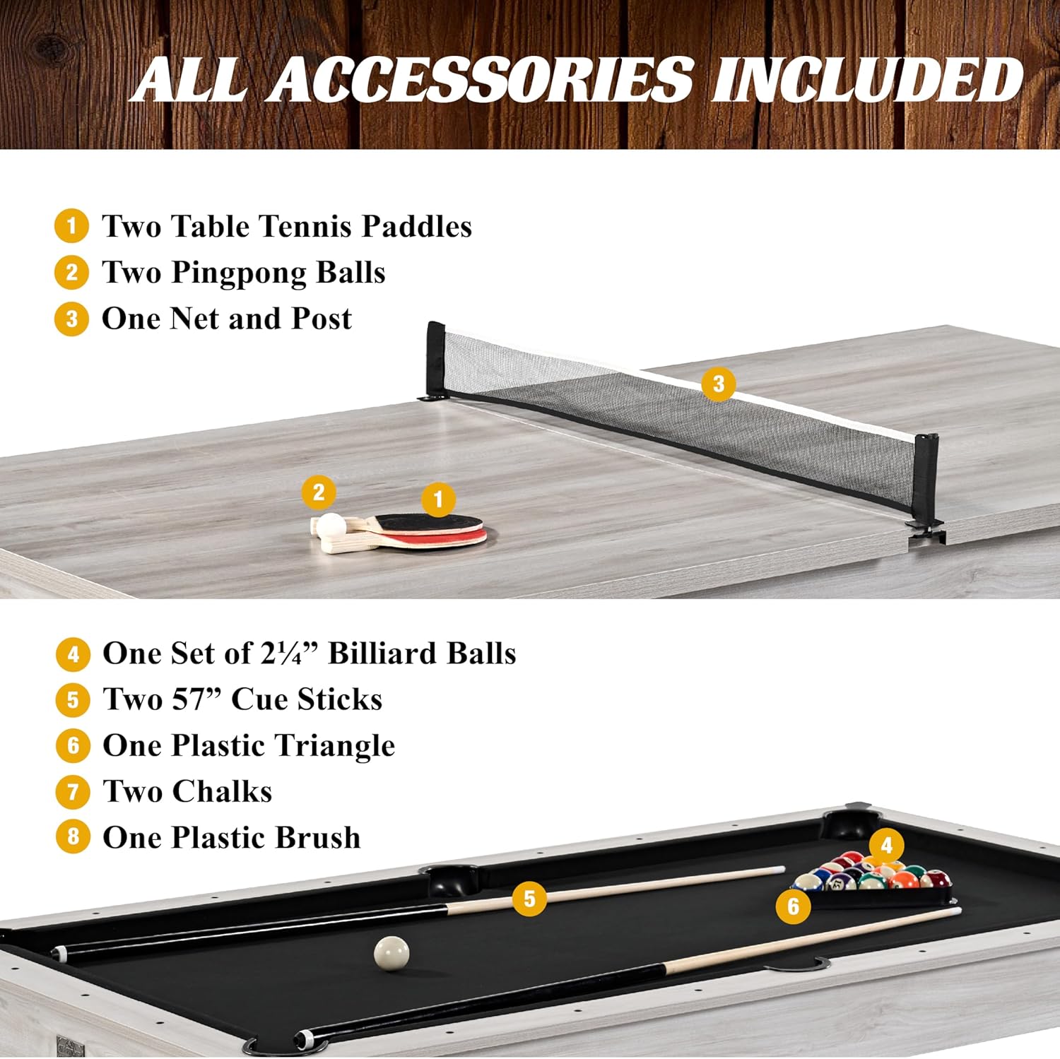 7FT Drop Pocket Pool Table, 3-in-1 Dining Top & Table Tennis with Game Accessories