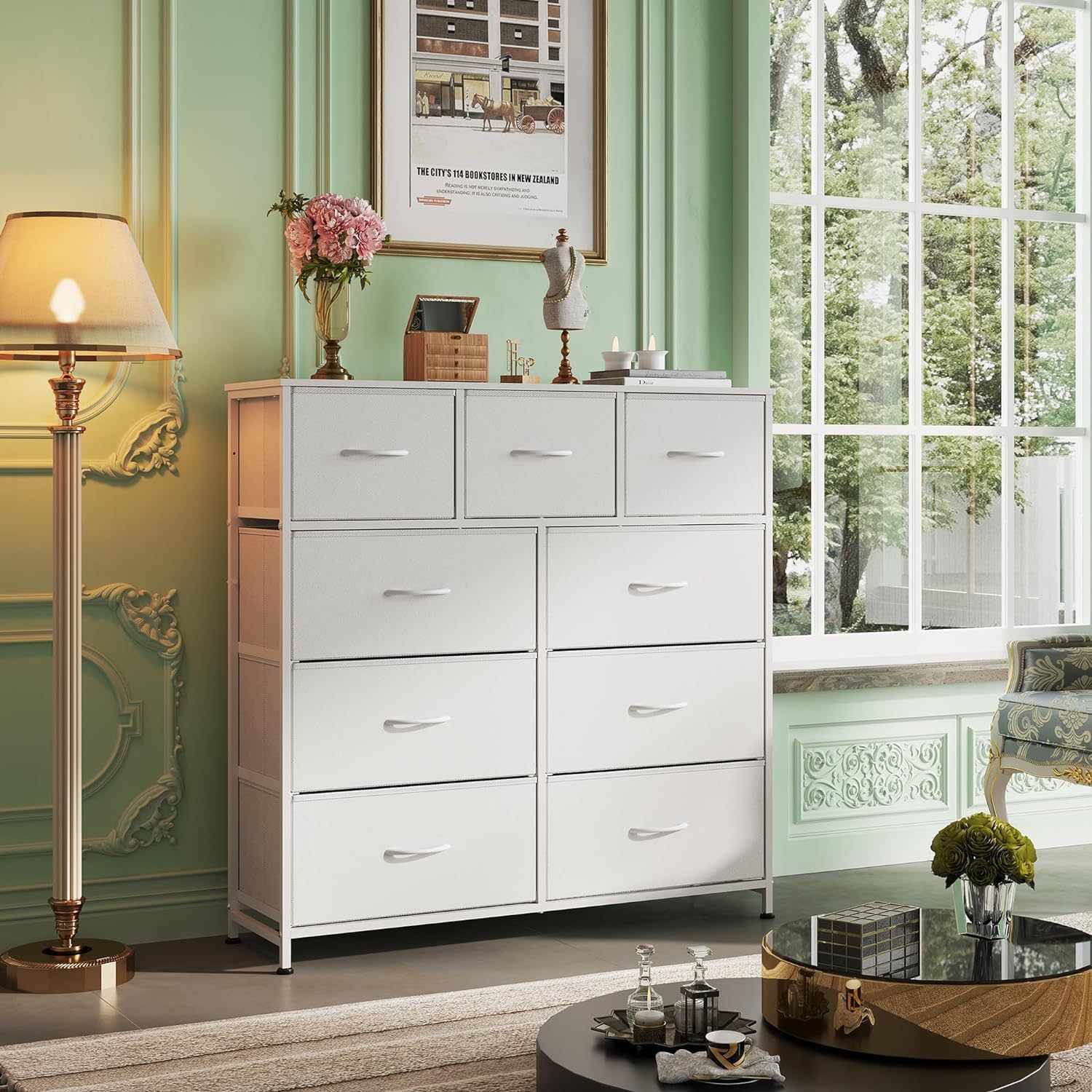 SKY-TOUCH Storage Cabinet : Bedroom Dresser with 9 Drawers Wide Storage Chest with Removable Fabric Bins Storage Organizer Unit for Living Room Entryway Hallway Nursery Kids Room (100*30*96CM White)-GCC Home Center