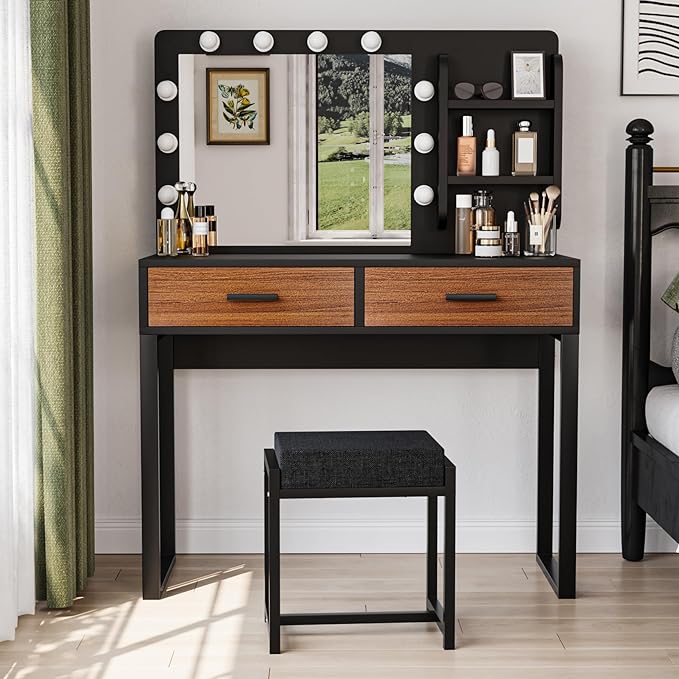 Vanity Desk with Mirror, With Chair and 10 LED Lights, with 2 Big Drawers and Side Shelves for Storage-GCC Home Center