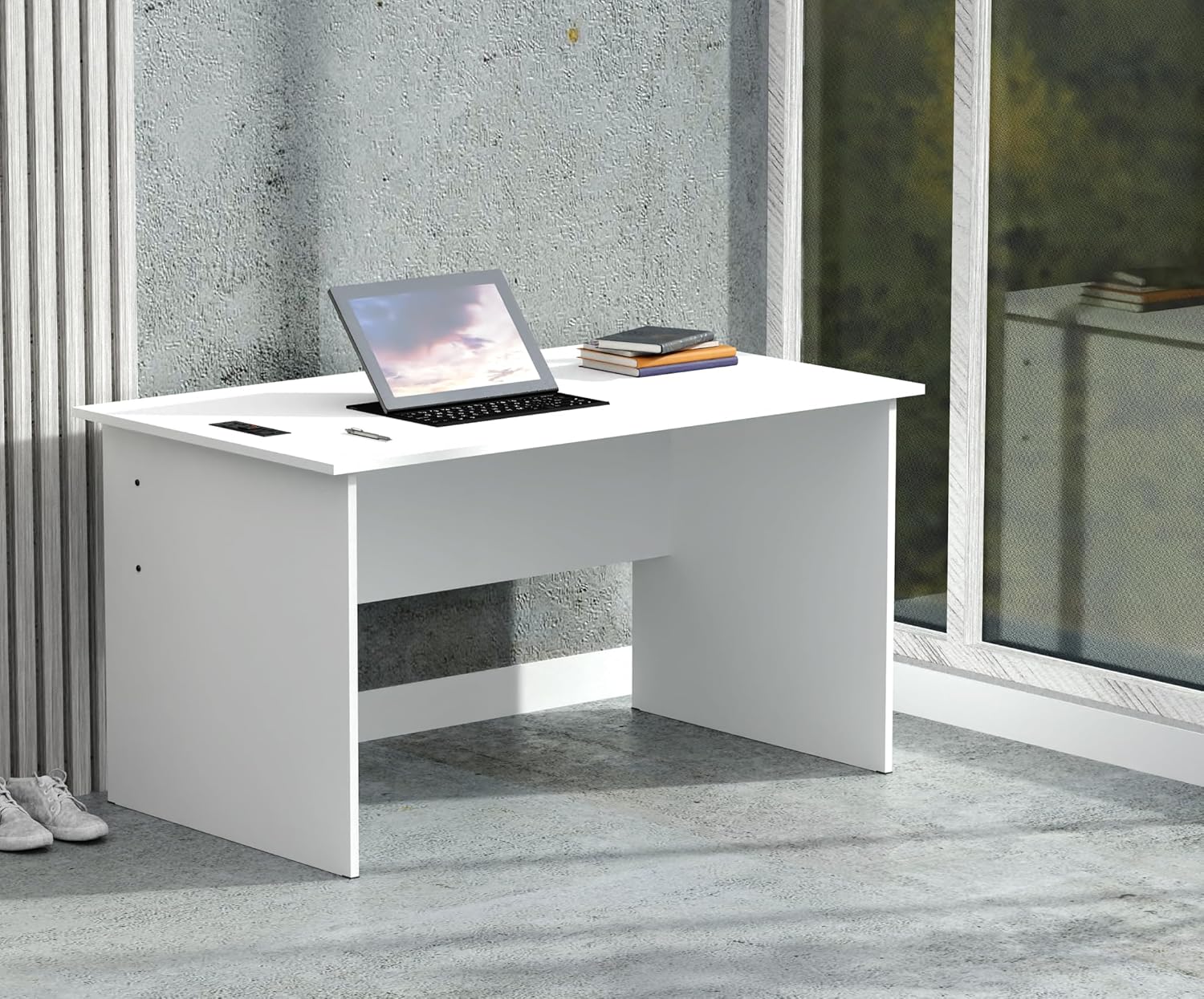 Mahmayi Modern MP1 120x60 Study Writing Table with BS01 Super Recessed Power Strip Desktop Socket Board, Modern Executive Desk for Adults, Home Offices, Schools, Laptop, Computer Workstation - WHITE