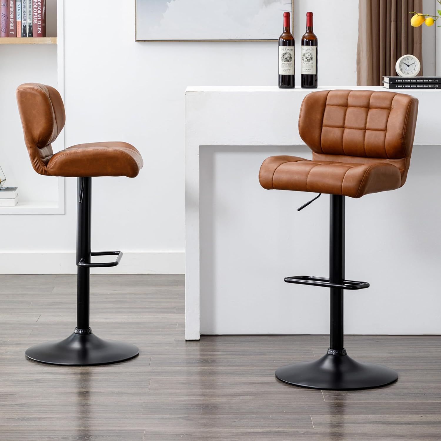 Urban Home Furniture Harvey Adjustable Bar Stools with Low Back, Swivel Medium Brown Faux Leather Bar Chairs for Kitchen/Island, Set of 2, Barstools for Kitchen Counter, Vintage Medium Brown