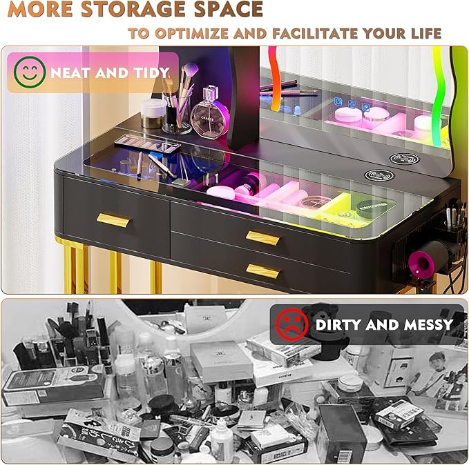 Makeup Vanity Table with Mirror and Lights- Vanity Desk with Glass Top Design & Charging Station-GCC Home Center