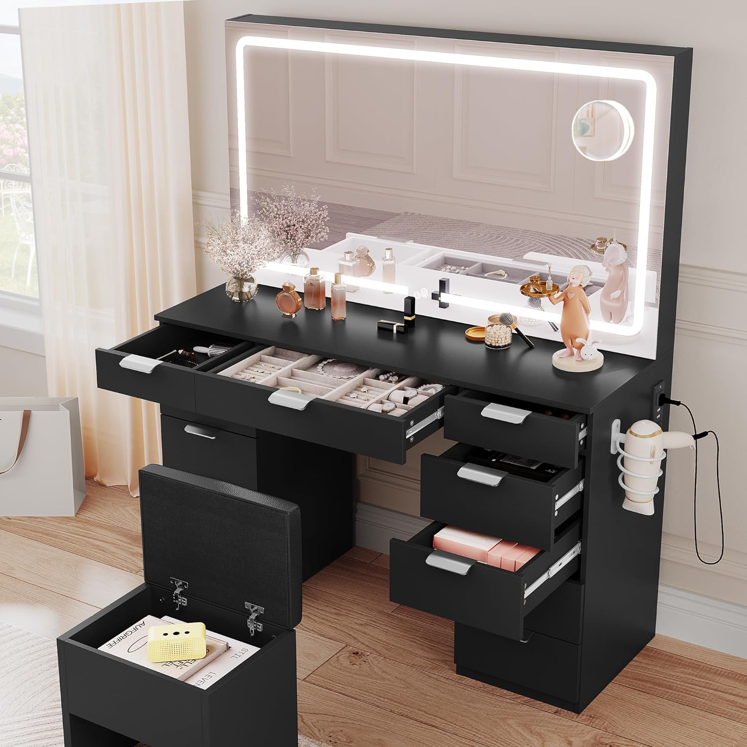 Vanity Desk Set with Large LED Lighted Mirror & Power Outlet, 11 Drawers and Magnifying Glass-GCC Home Center