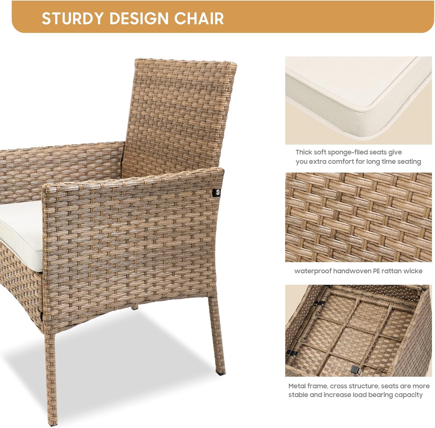 YIYAN 3 Pieces Patio Bistro Set Outdoor Wicker Furniture Outdoor Porch PE Rattan Wicker Chairs Furniture Sets with Sofa Chairs,Glass Coffee Table and White Washable Cushion
