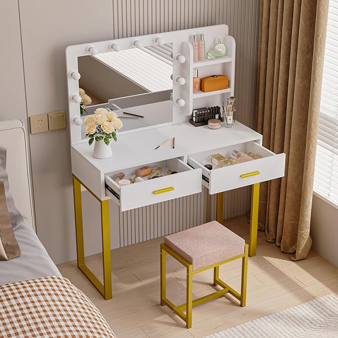 Vanity Desk with Mirror, With Chair and 10 LED Lights, with 2 Big Drawers and Side Shelves for Storage-GCC Home Center
