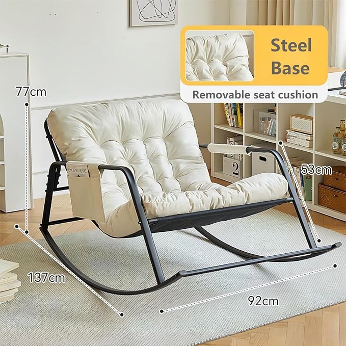 Double Living Room Recliner Outdoor Rocking Chair Lawn Camping Chair Adult Chair with Seat Cushion Side Storage Bag Suitable for Lawn, Backyard - Beige-GCC Home Center