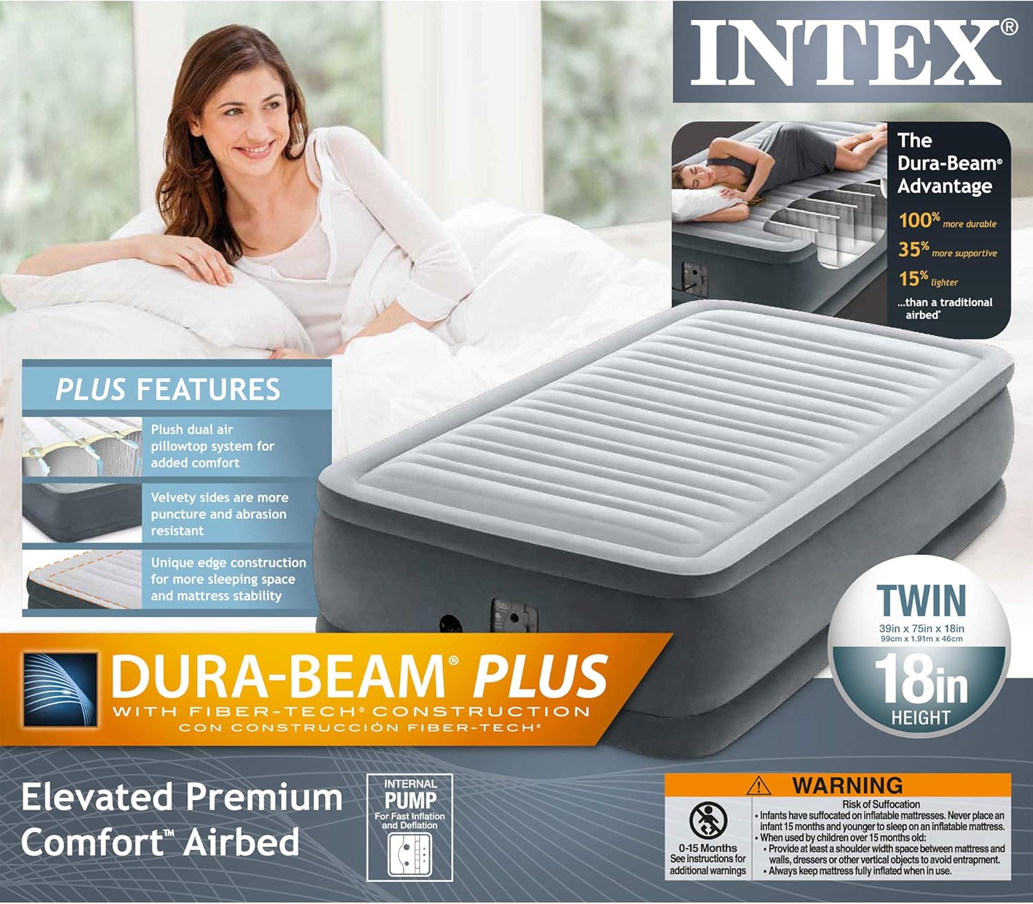 Intex Comfort Dura-Beam Airbed Internal Electric Pump Bed Height Elevated (2020 Model)