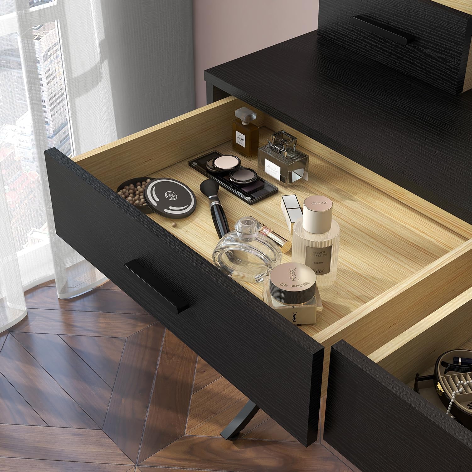 Vanity Table with Lighted Mirror, Modern Makeup Vanity Table with 10 Lights Makeup Desk 4 drawer Storage-GCC Home Center
