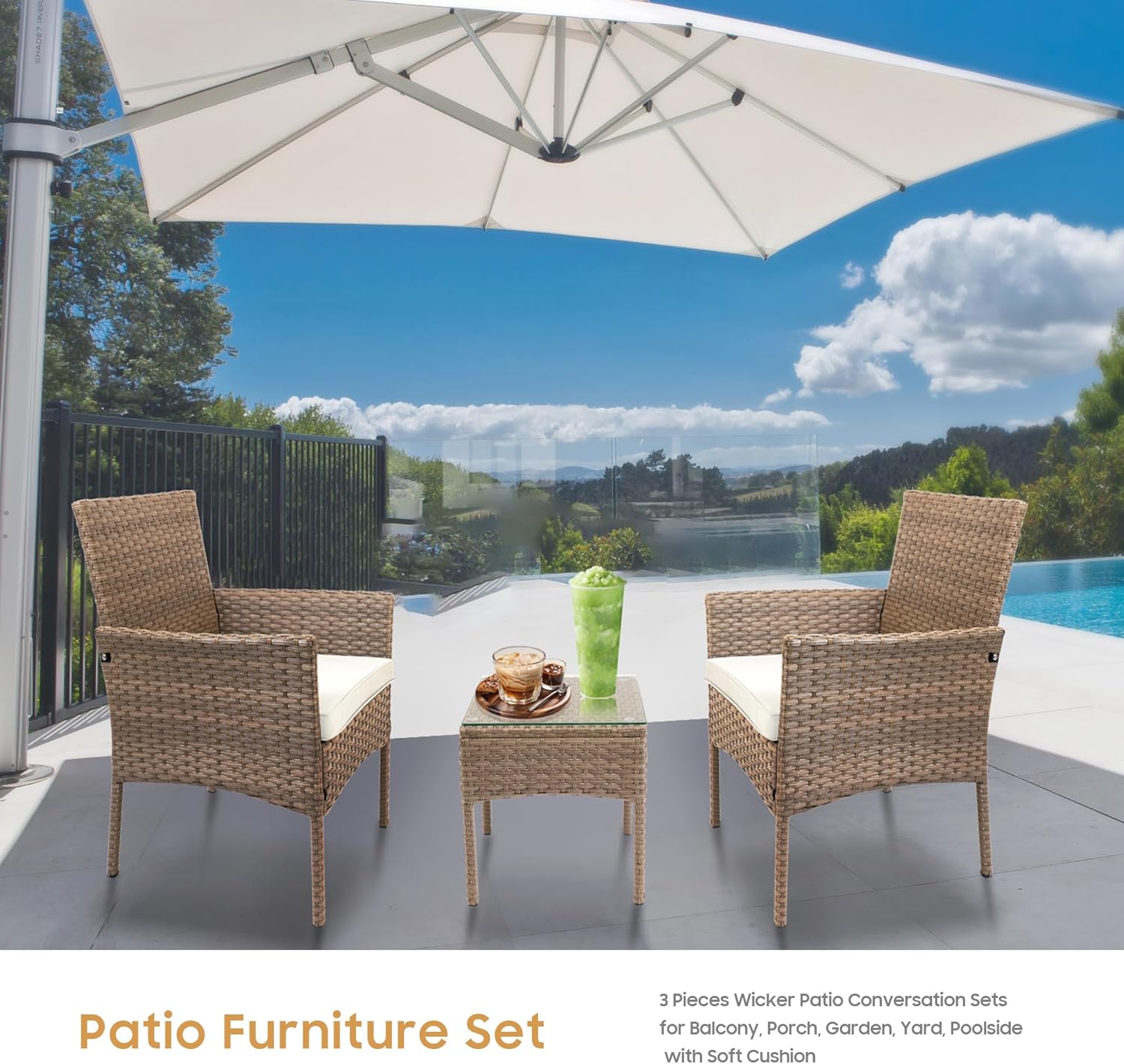 YIYAN 3 Pieces Patio Bistro Set Outdoor Wicker Furniture Outdoor Porch PE Rattan Wicker Chairs Furniture Sets with Sofa Chairs,Glass Coffee Table and White Washable Cushion