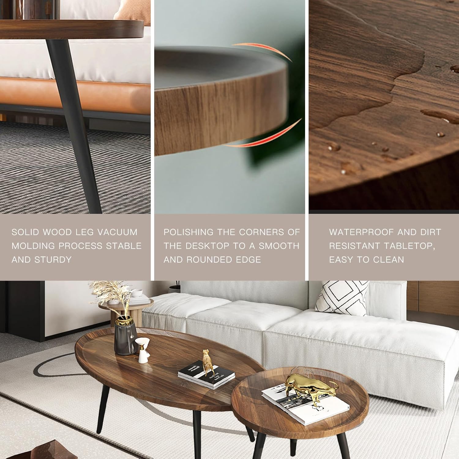 Wooden Oval Coffee Table Rustic Coffee Table Mid-Century Modern Oval Sofa Table Nesting Tables Center Table for Living Room Bedroom Office Furniture Easy Assembly (31.5") (001)