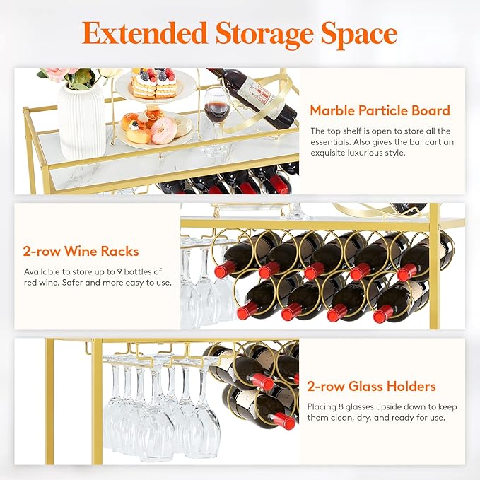 Bar Cart, Home Bar Serving Cart, 2 Tier Drink Cart with 9 Bottle Racks-GCC Home Center