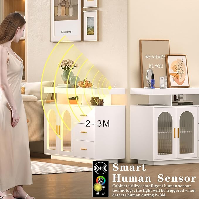 Sideboard Buffet Cabinet with Storage, LED Lights & Charging Station (100 x 40 x 80 cm)
