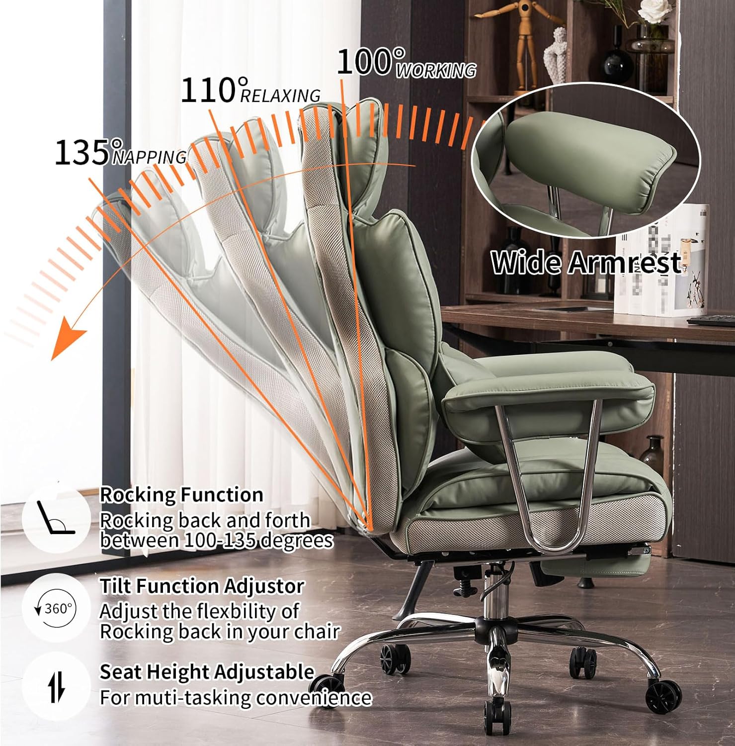 Efomao Big and Tall Office Chair 400lbs – PU Leather Executive Desk Chair with Lumbar Support & Leg Rest, Heavy-Duty Computer Chairs for Home Office, Green