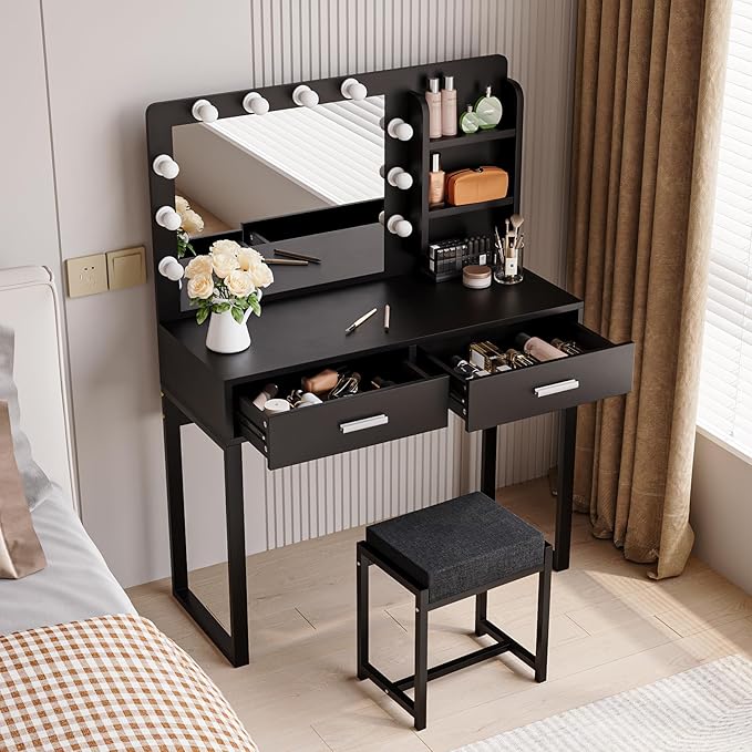 Vanity Desk with Mirror, With Chair and 10 LED Lights, with 2 Big Drawers and Side Shelves for Storage-GCC Home Center