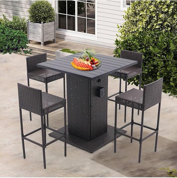 5-Piece Rattan Patio Bar Set – Outdoor Wicker Furniture with Storage Shelf, Dining Table-GCC Home Center