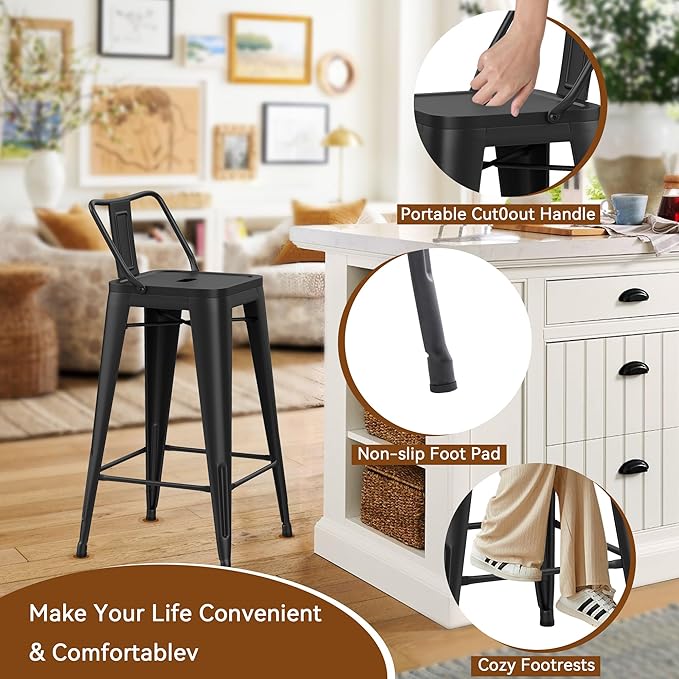 Metal Barstools Set of 4 Industrial Bar Stools with X-brace Support, Matte Black, 30 inch-GCC Home Center