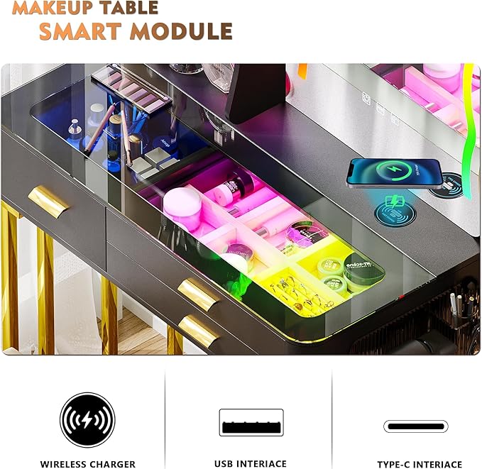 Makeup Vanity Table with Mirror and Lights- Vanity Desk with Glass Top Design & Charging Station-GCC Home Center