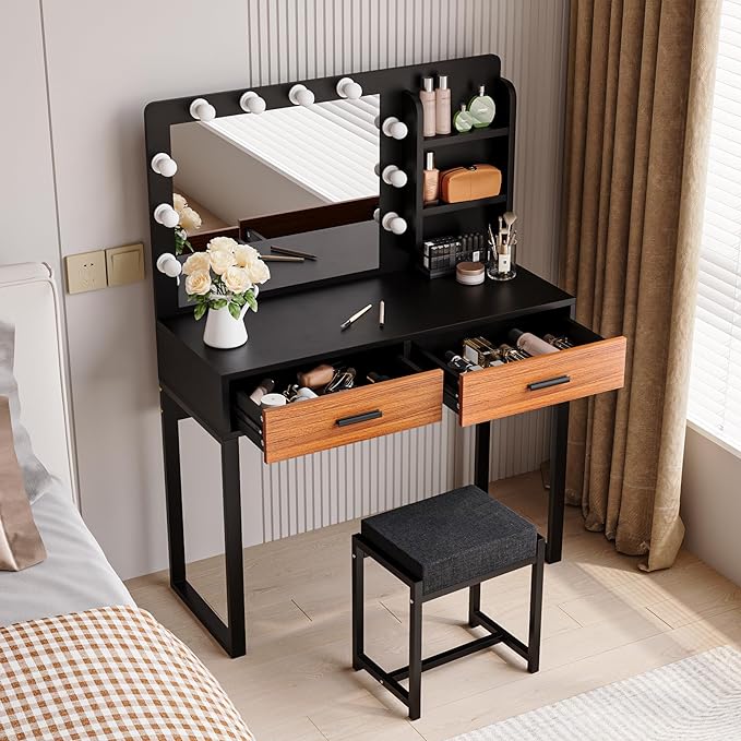 Vanity Desk with Mirror, With Chair and 10 LED Lights, with 2 Big Drawers and Side Shelves for Storage-GCC Home Center
