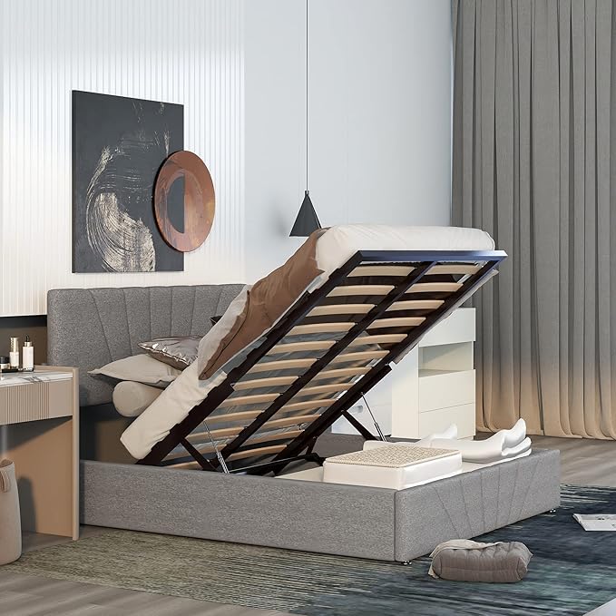 Full Lift Storage Bed with Storage Underneath and Headboard - Grey-GCC Home Center