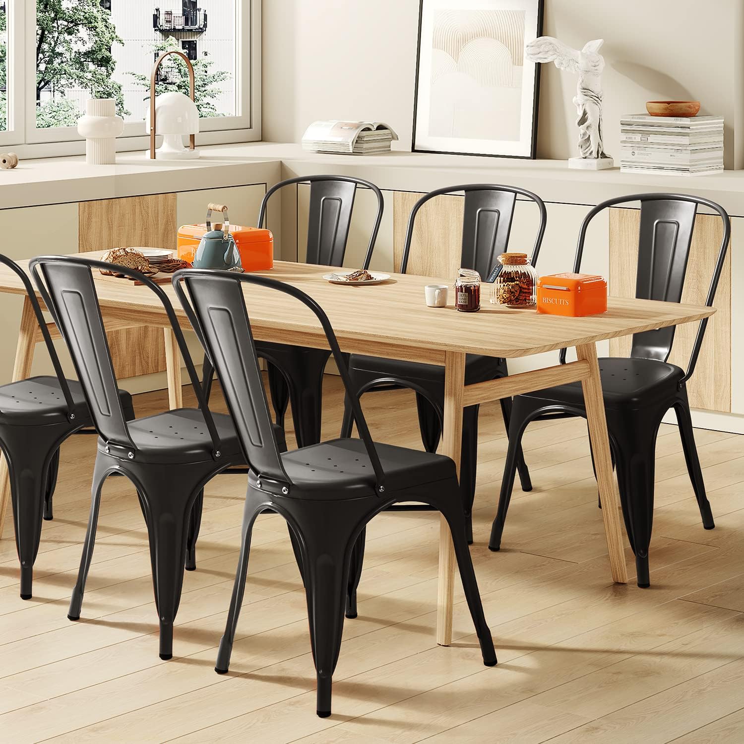 Furmax Indoor-Outdoor Use Stackable Classic Trattoria Chic Dining Bistro Cafe Side Metal Chairs Set of 4 (Black)