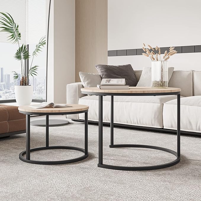 Modern Round Nesting Coffee Table Set Of 2 - Black & Natural Oak-GCC Home Center
